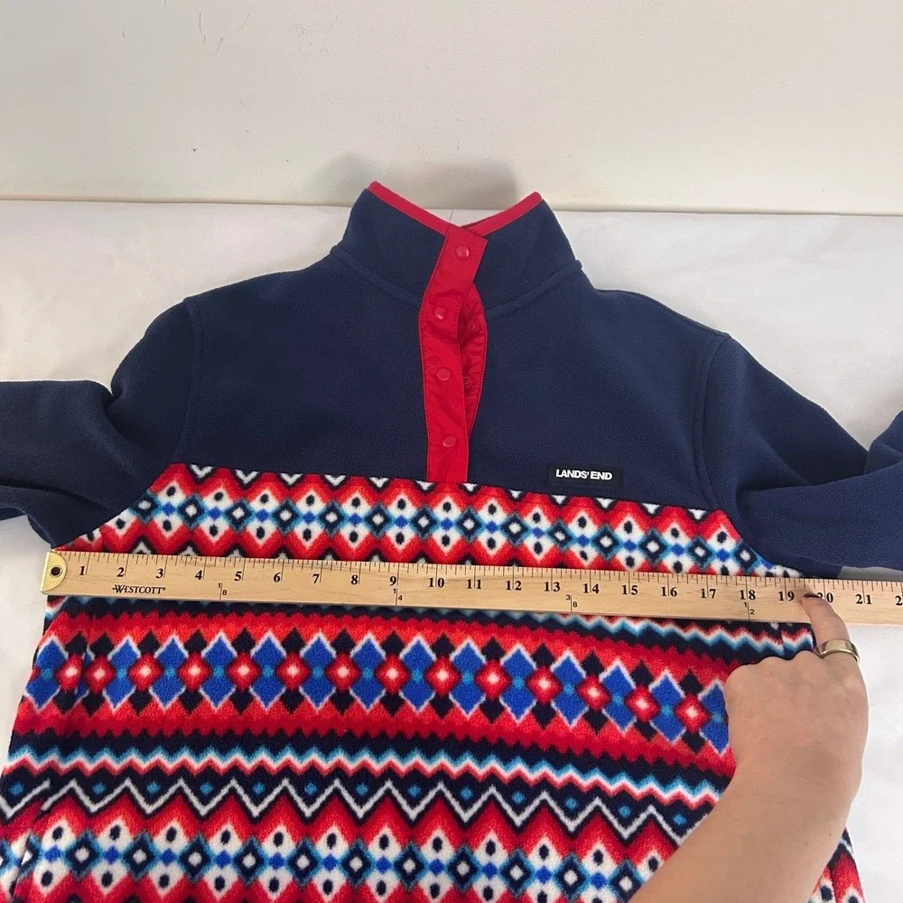 Lands End Fleece Pullover Kids S 6-8 Blue Red Fair‎ Isle Snap Neck Sweatshirt